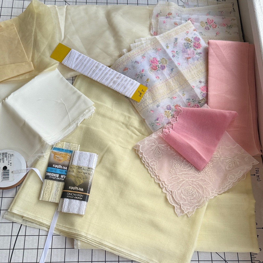 Pastel Sewing & Craft Lot – 2 Yards Yellow Fabric, Vintage Hankies, Pink Voile,